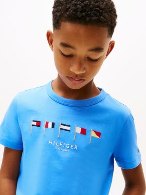 blue multi-flag embroidery crew neck t-shirt for boys tommy hilfiger