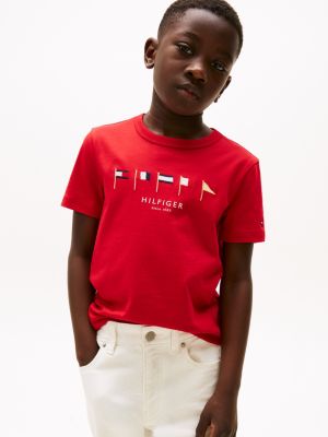 red multi-flag embroidery crew neck t-shirt for boys tommy hilfiger