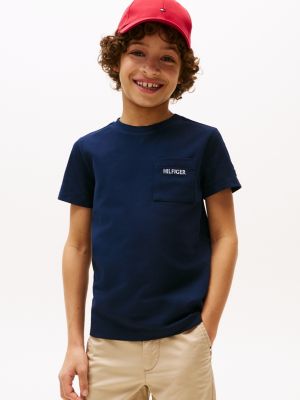 t-shirt in piqué con tasca applicata nero da bambini tommy hilfiger