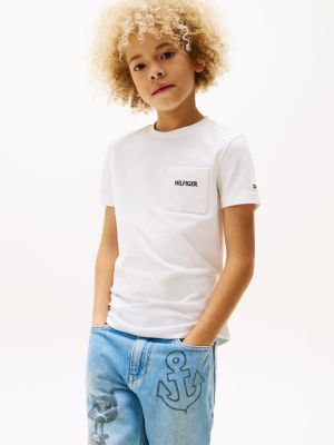 t-shirt in piqué con tasca applicata white da bambini tommy hilfiger