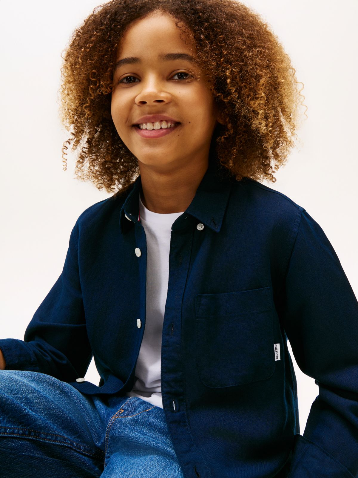 Relaxed Fit Flag Embroidery Linen Blend Shirt — Blue