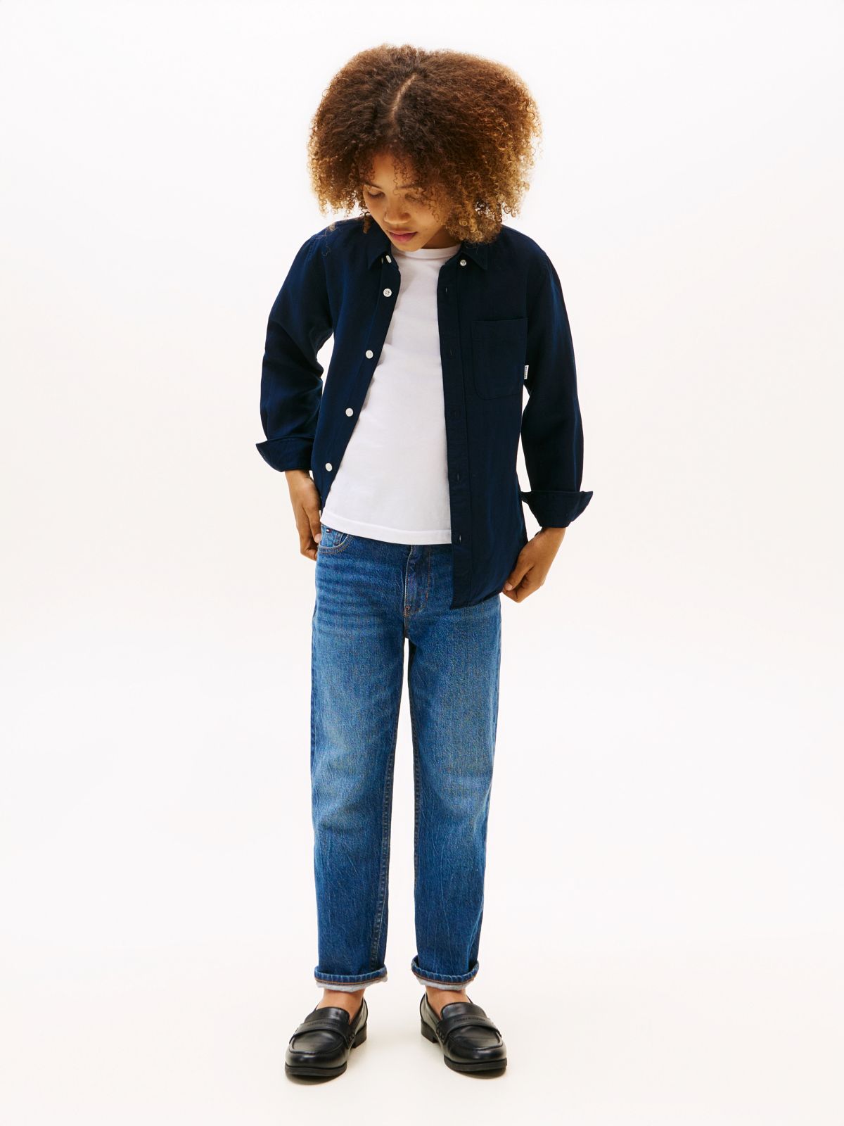 Relaxed Fit Flag Embroidery Linen Blend Shirt — Blue
