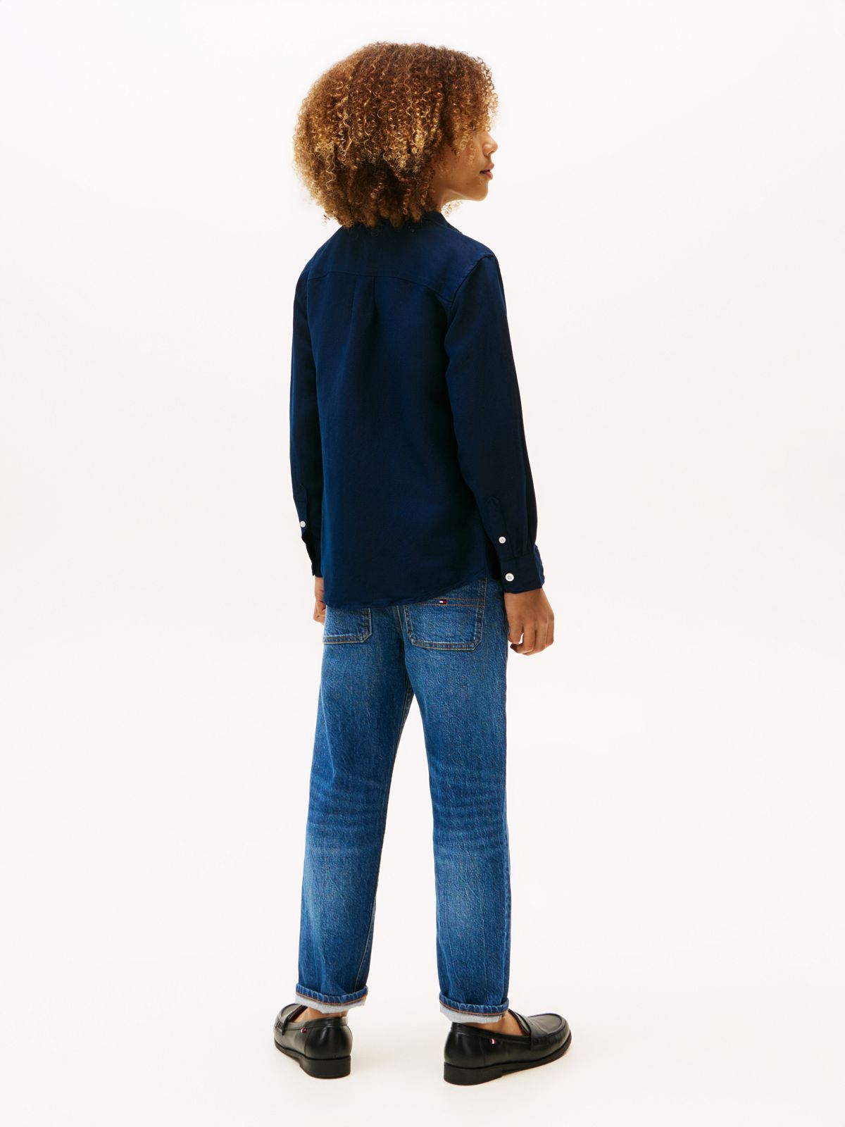 Relaxed Fit Flag Embroidery Linen Blend Shirt — Blue