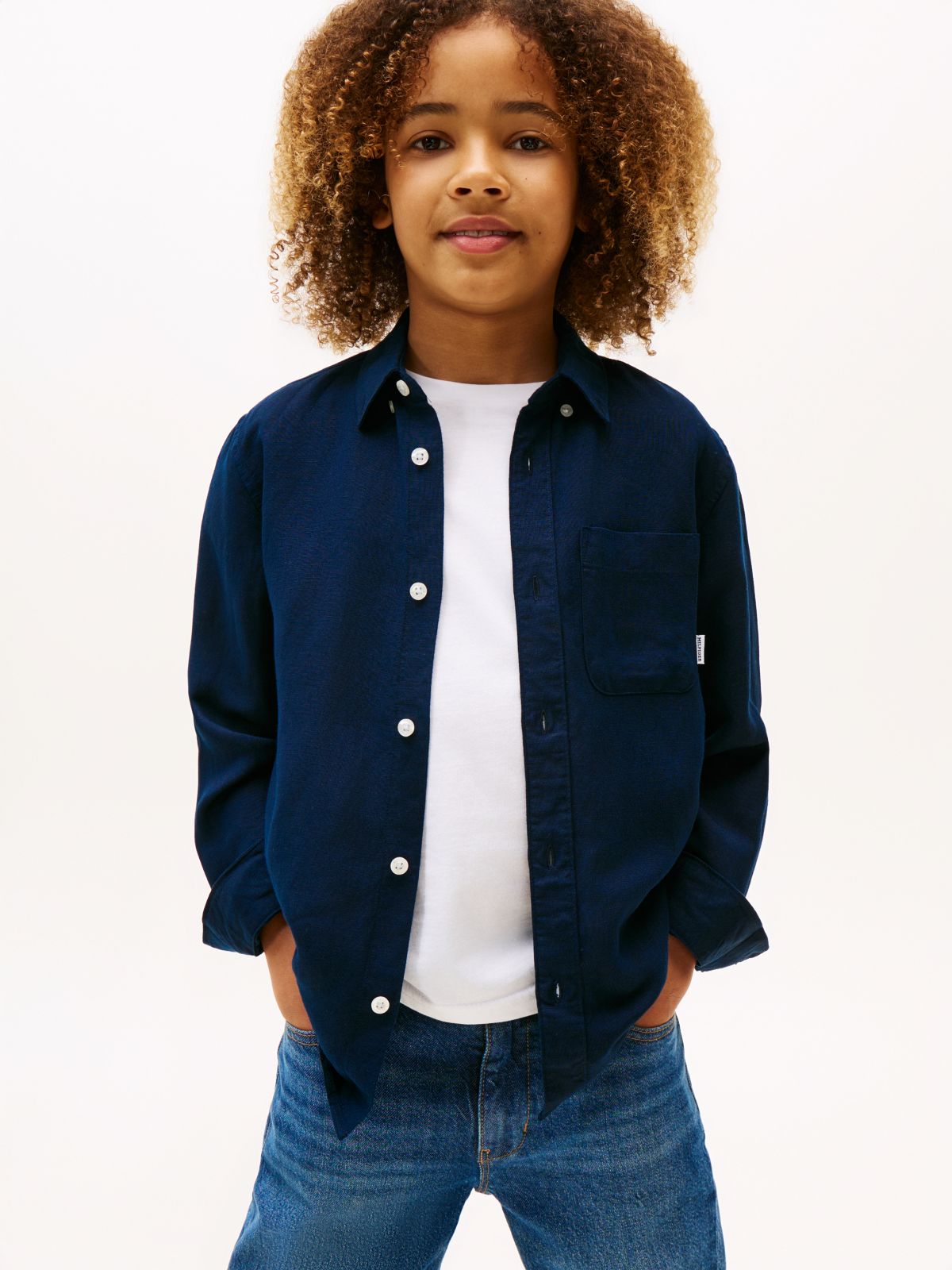 Relaxed Fit Flag Embroidery Linen Blend Shirt — Blue