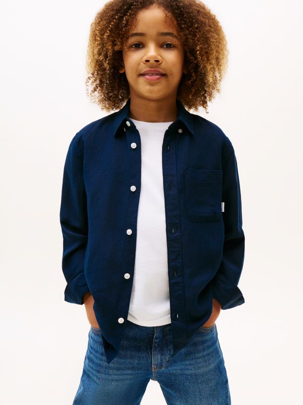 Relaxed Fit Flag Embroidery Linen Blend Shirt — Blue