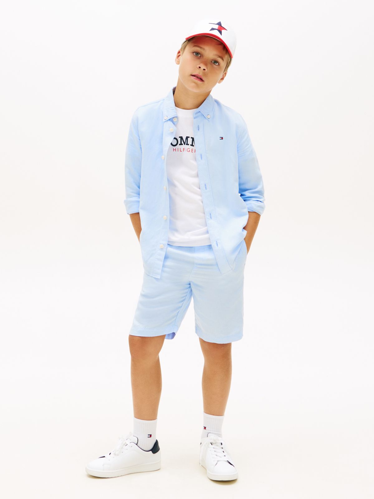 Relaxed Fit Flag Embroidery Linen Blend Shirt — Blue