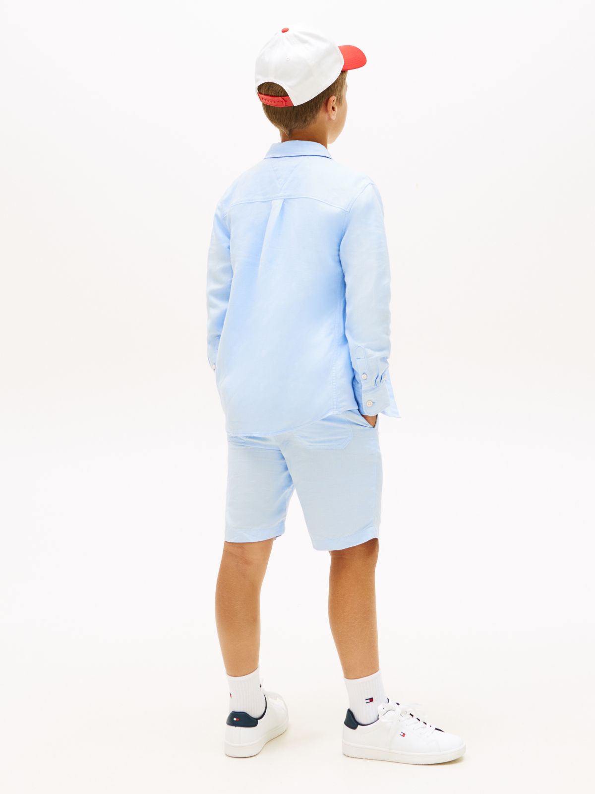 Relaxed Fit Flag Embroidery Linen Blend Shirt — Blue