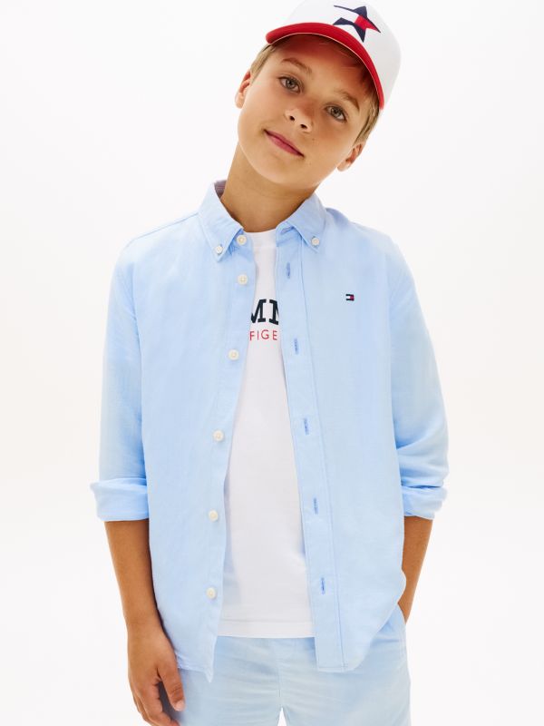 Relaxed Fit Flag Embroidery Linen Blend Shirt — Blue