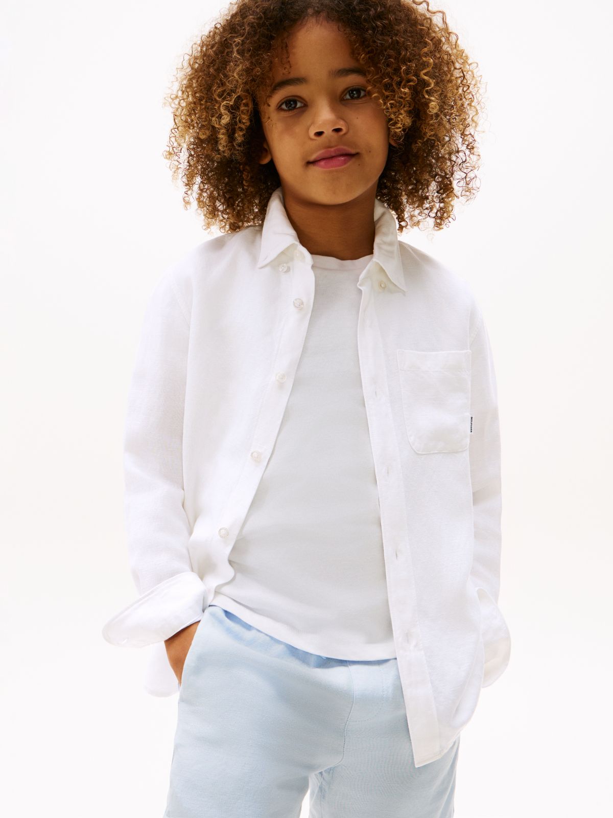 Relaxed Fit Flag Embroidery Linen Blend Shirt — White