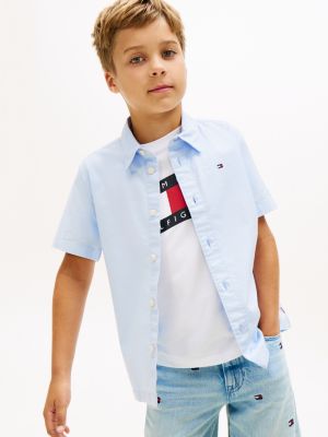 blue essential flag embroidery short sleeve oxford shirt for boys tommy hilfiger