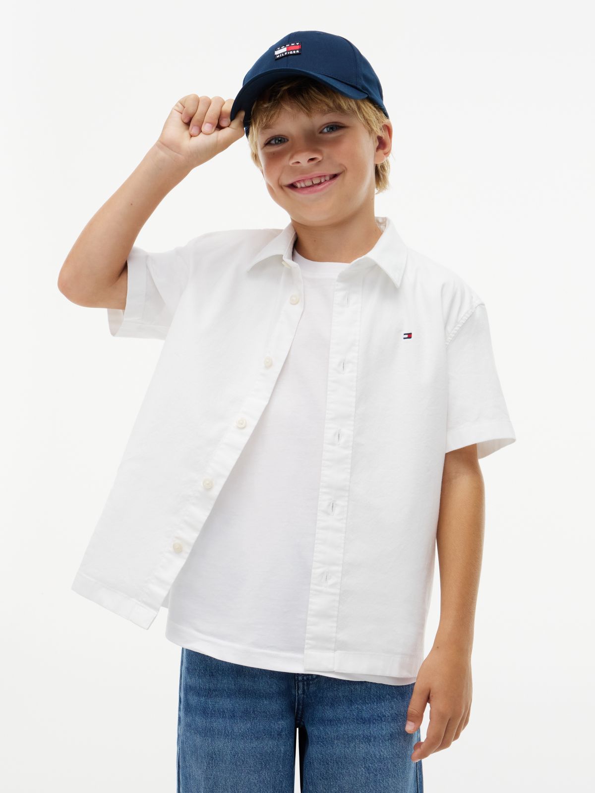 Flag Embroidery Relaxed Short Sleeve Oxford Shirt — White