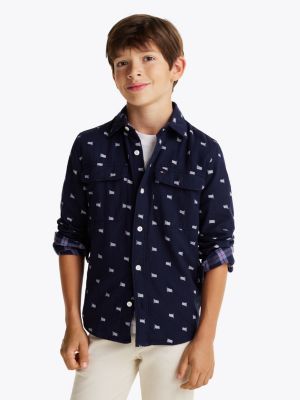 blue hemd mit flaggen-print und pattentaschen für jungen - tommy hilfiger