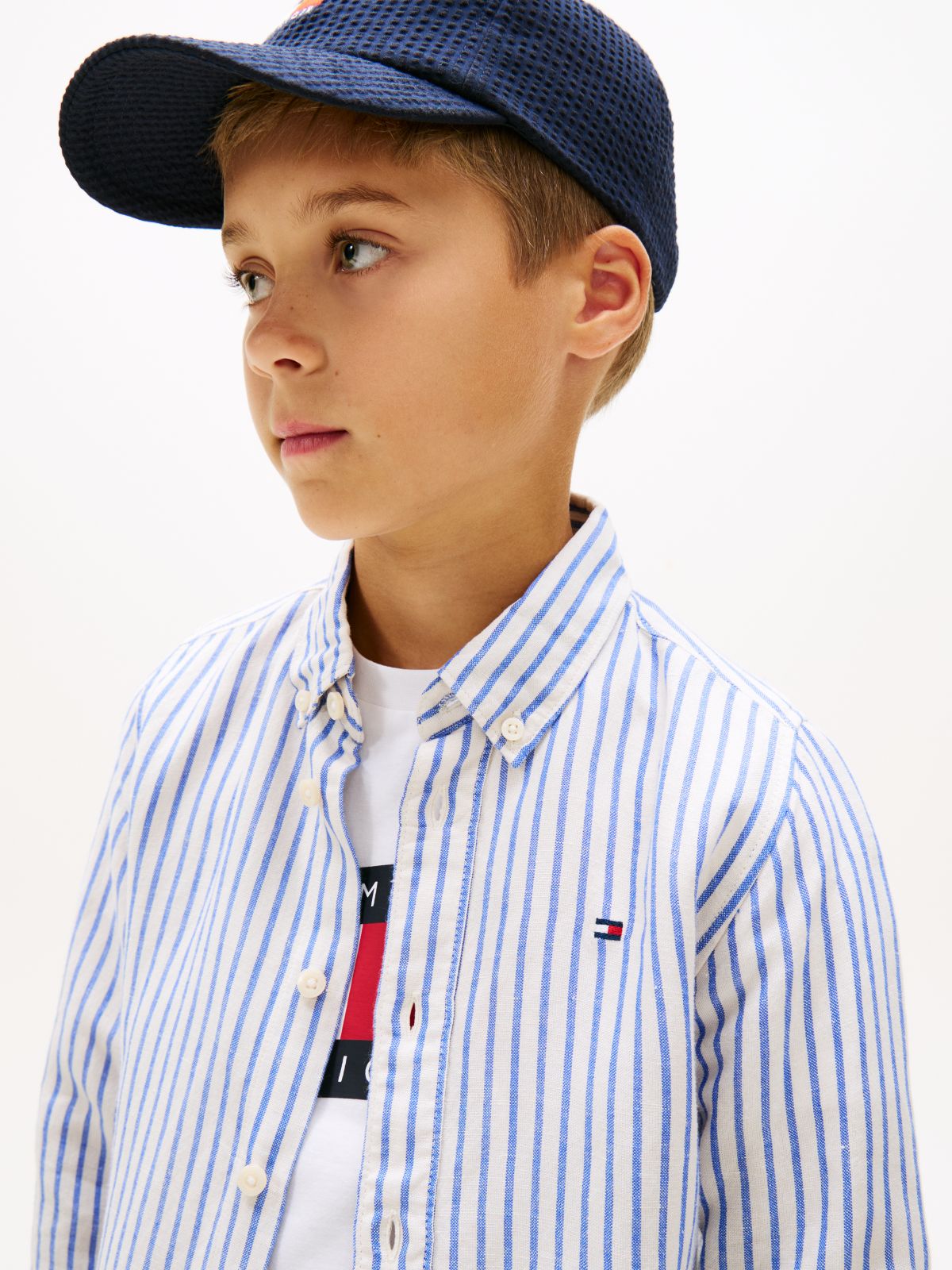Stripe Linen Blend Button-Down Shirt — Blue