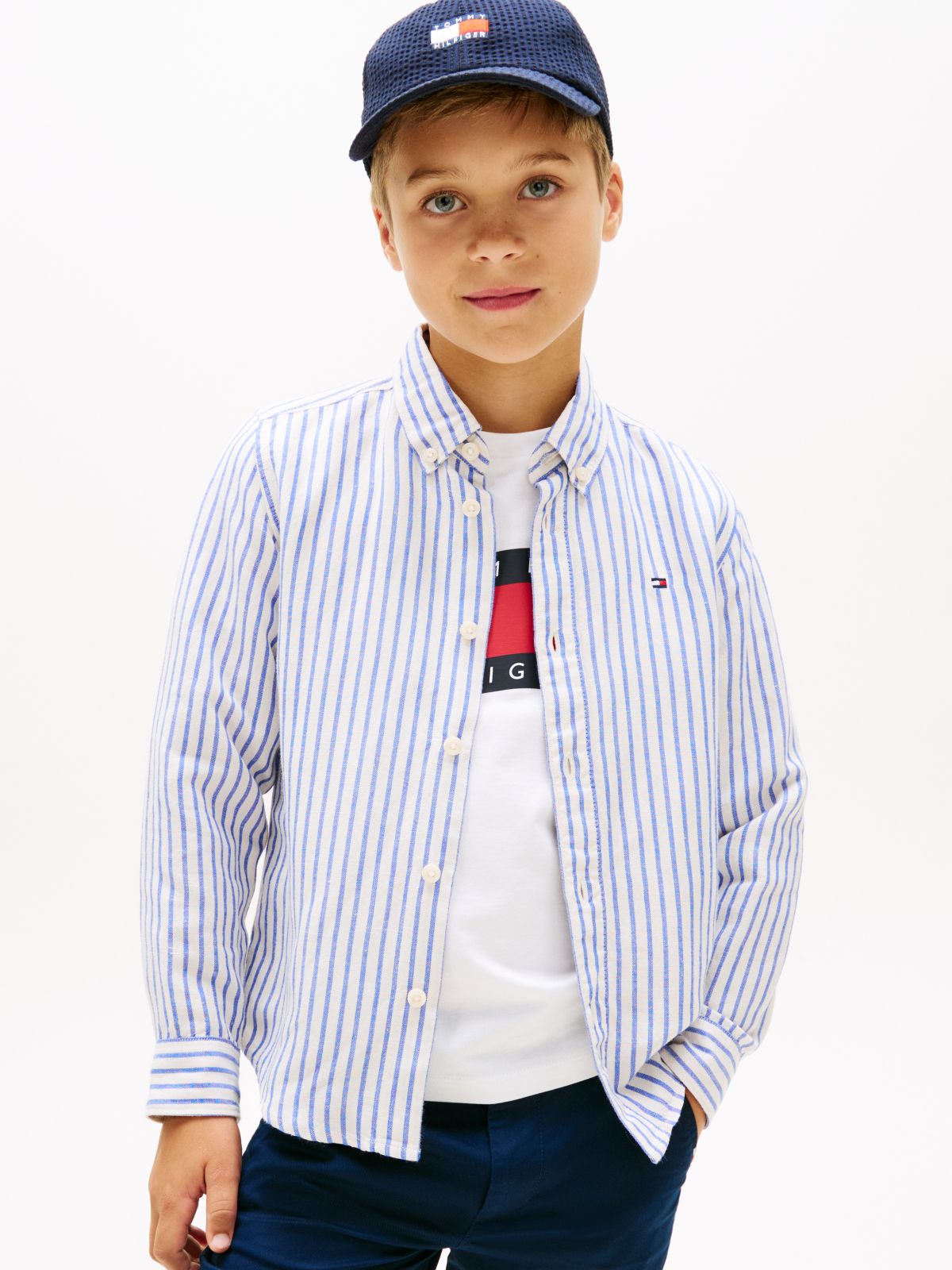 Stripe Linen Blend Button-Down Shirt — Blue