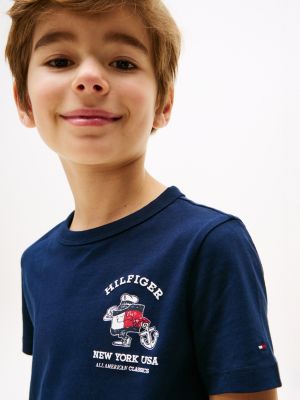 blauw t-shirt met vlagpersonage en ruglogo voor jongens - tommy hilfiger