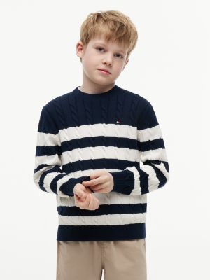 blue kabelgebreide trui met ronde hals voor jongens - tommy hilfiger