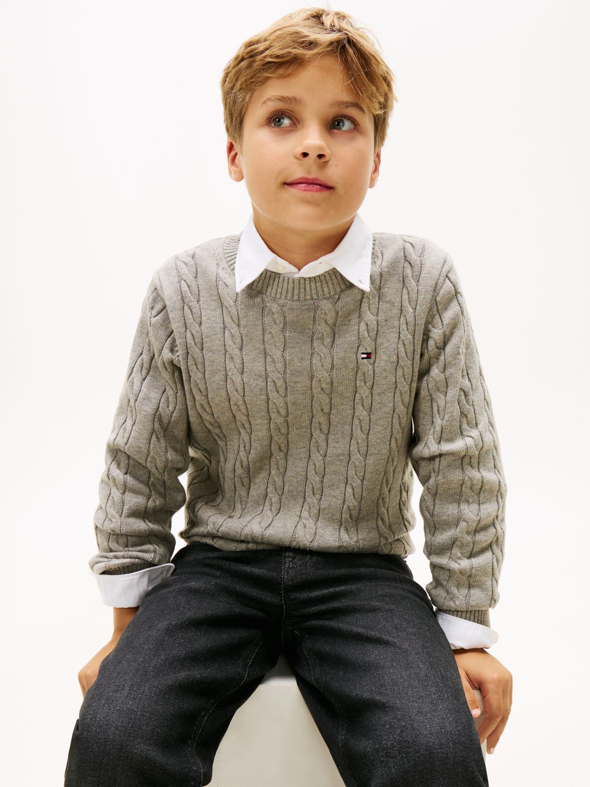 Cable Knit Crew Neck Jumper — Grey