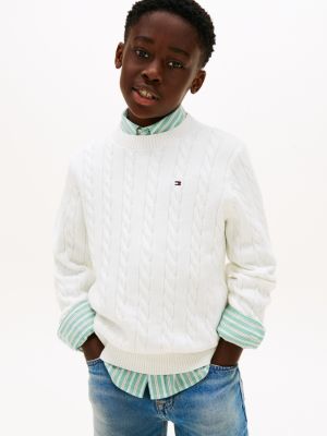 white essential rundhalspullover mit zopfmuster für jungen - tommy hilfiger
