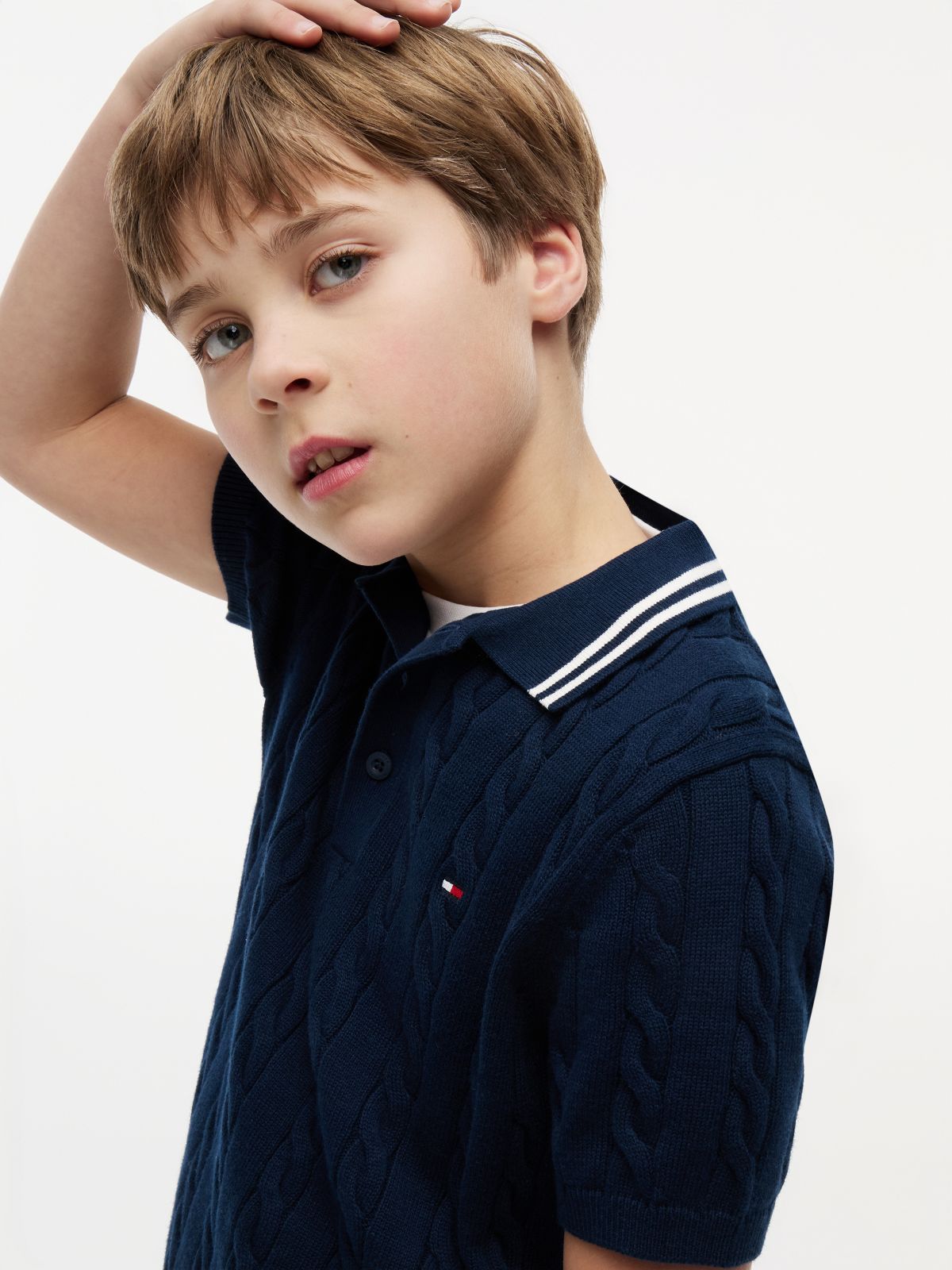 Cable Knit Short Sleeve Polo Jumper — Blue