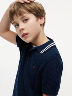 Cable Knit Short Sleeve Polo Jumper — Blue 3