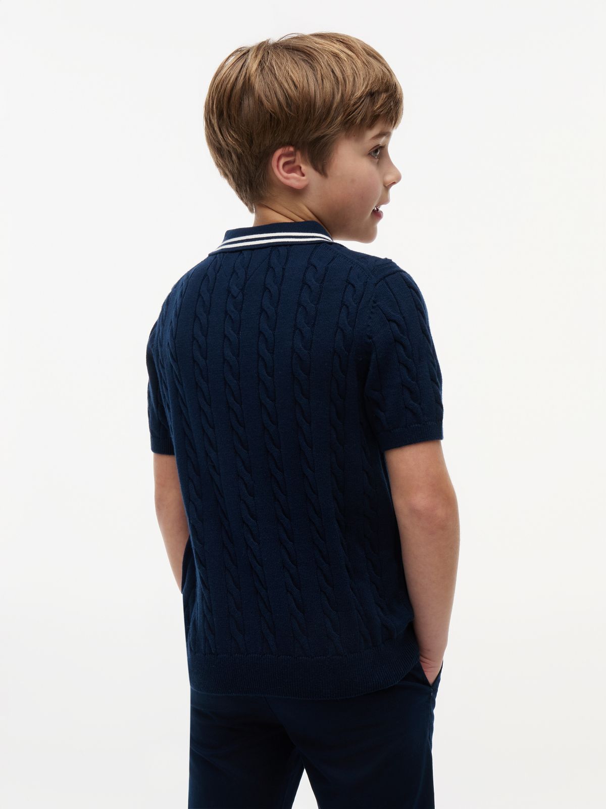 Cable Knit Short Sleeve Polo Jumper — Blue