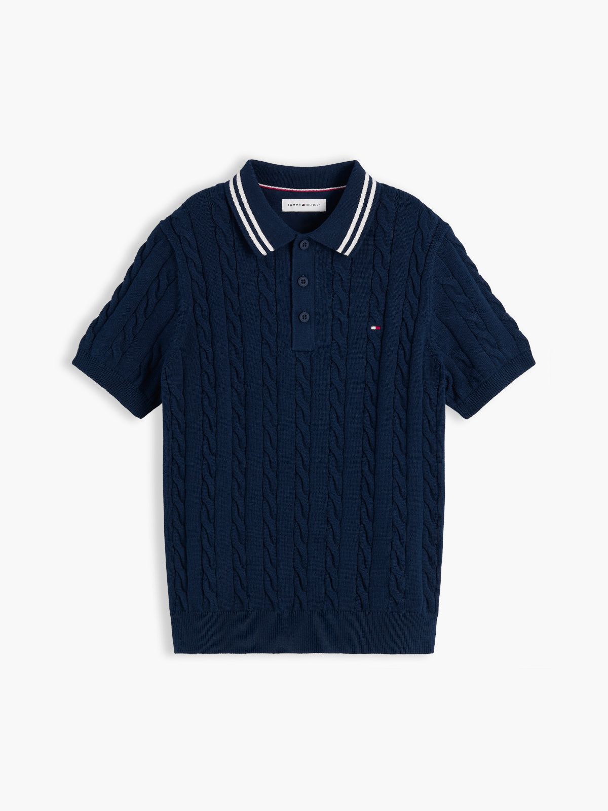 Cable Knit Short Sleeve Polo Jumper — Blue