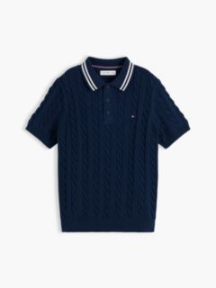 Cable Knit Short Sleeve Polo Jumper — Blue 5