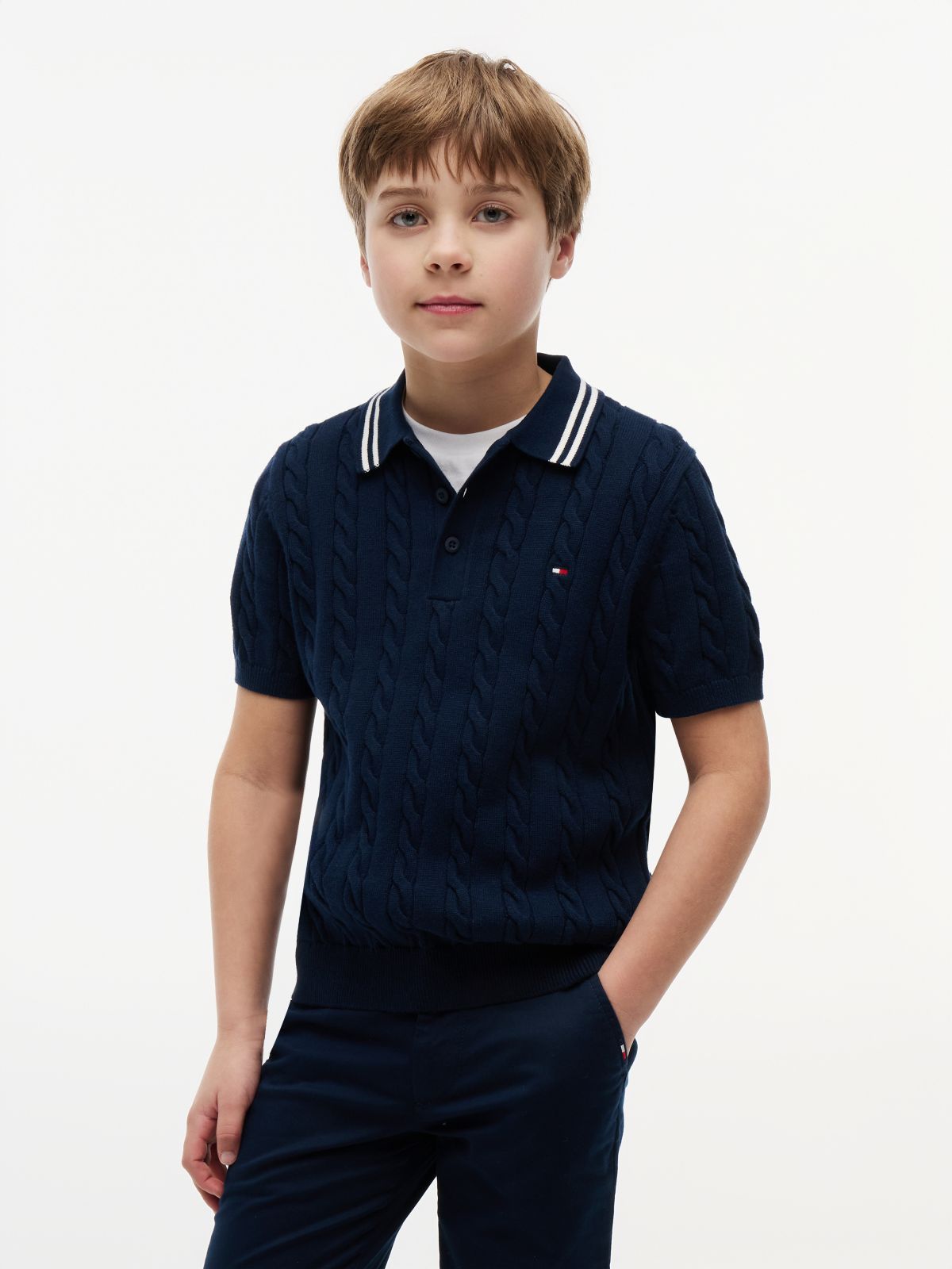 Cable Knit Short Sleeve Polo Jumper — Blue