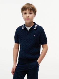 Cable Knit Short Sleeve Polo Jumper — Blue 1