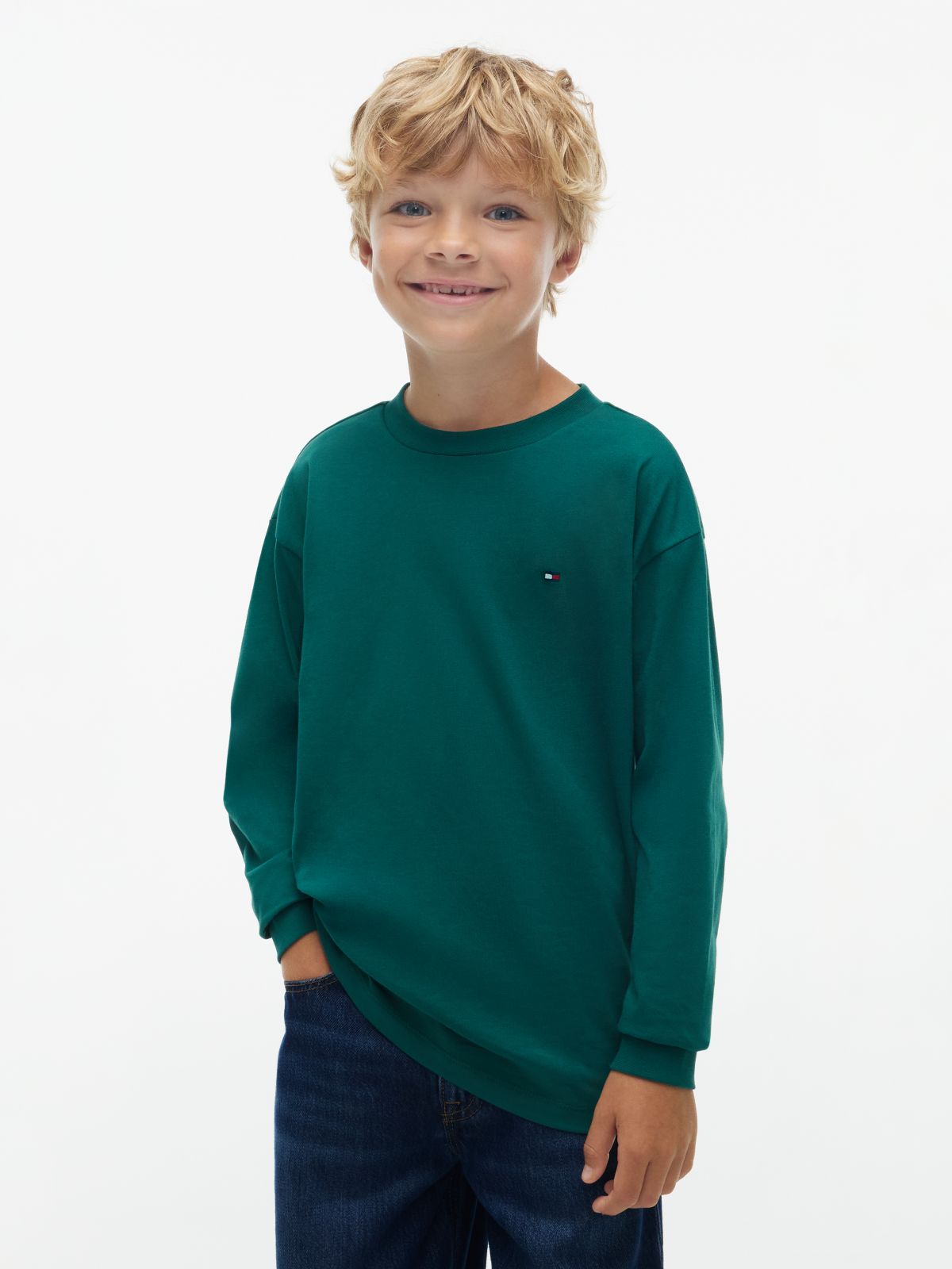 Flag Embroidery Relaxed Long Sleeve T-Shirt — Green