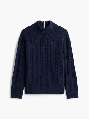 blauw kabelgebreide trui met quarter-zip voor jongens - tommy hilfiger