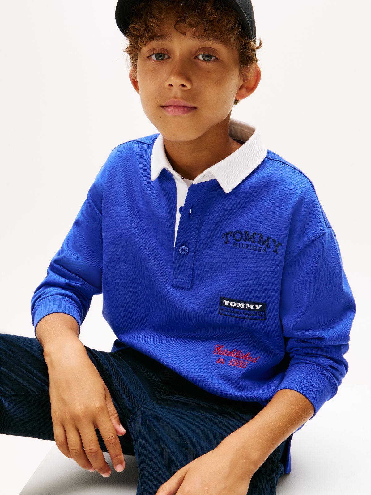 Logo Embroidery Long Sleeve Polo Shirt — Blue