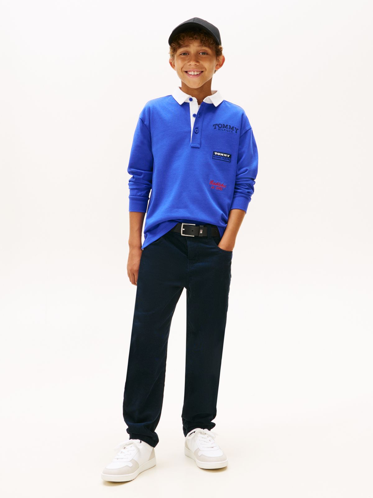 Logo Embroidery Long Sleeve Polo Shirt — Blue