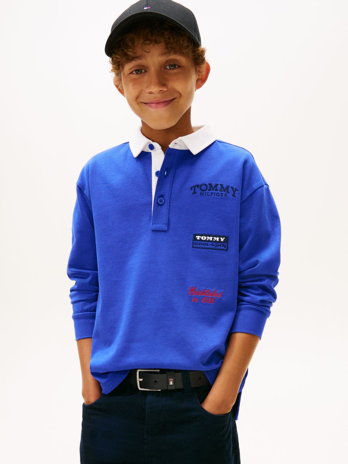Logo Embroidery Long Sleeve Polo Shirt — Blue