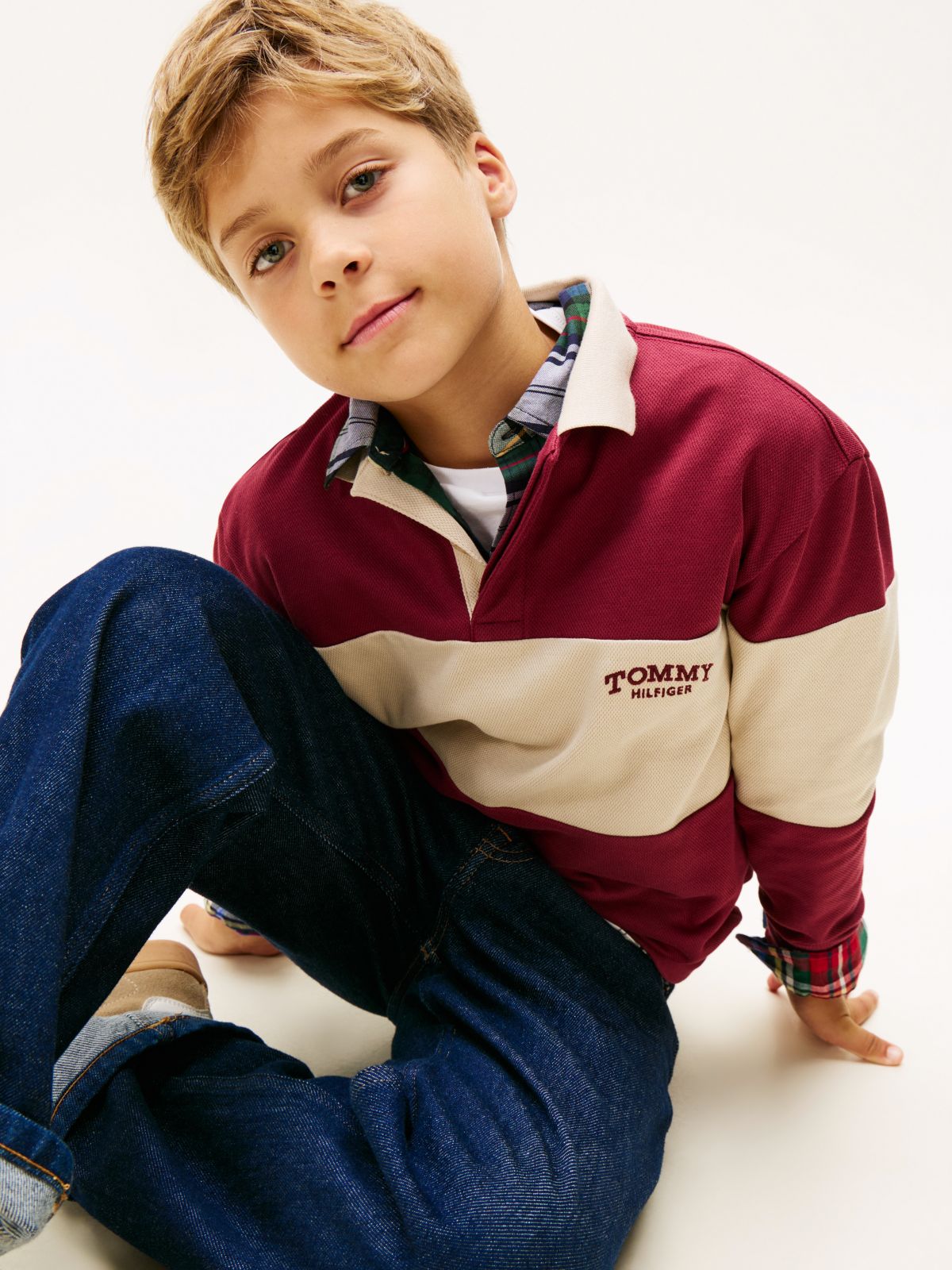 Colour-Blocked Long Sleeve Polo Shirt — Beige