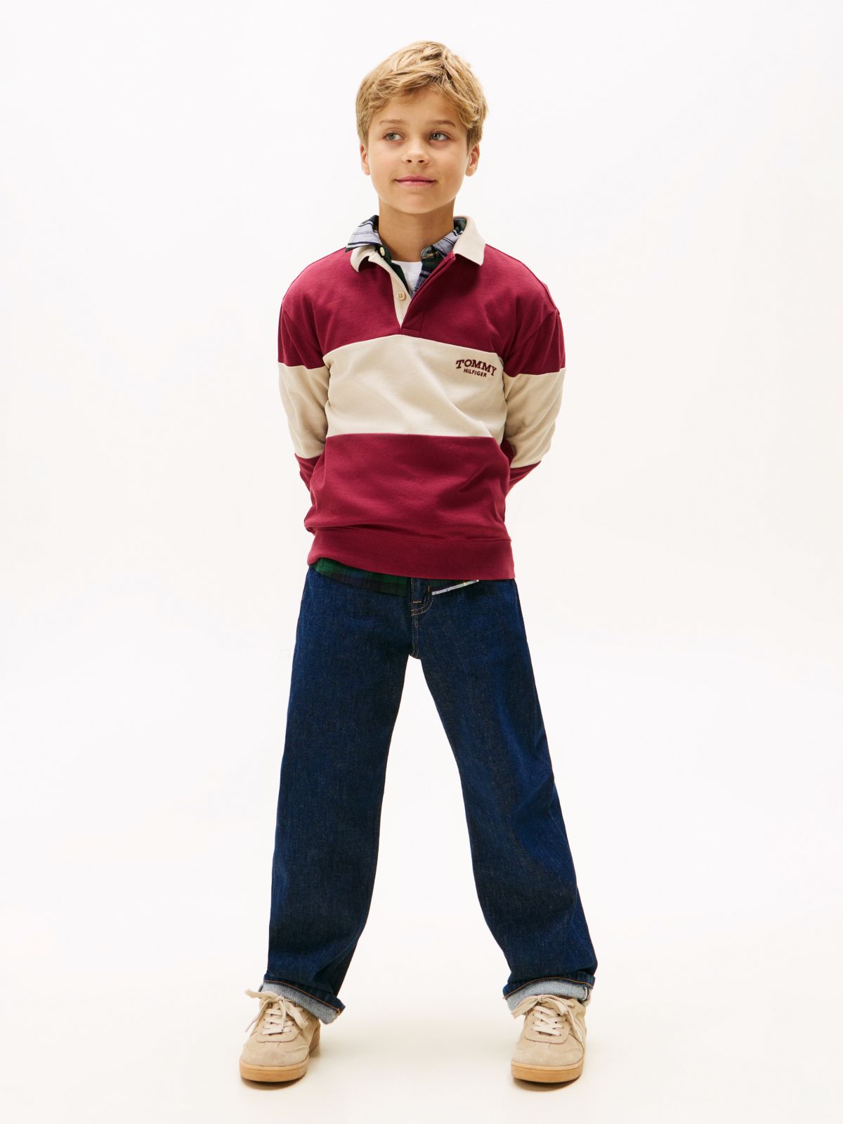 Colour-Blocked Long Sleeve Polo Shirt — Beige