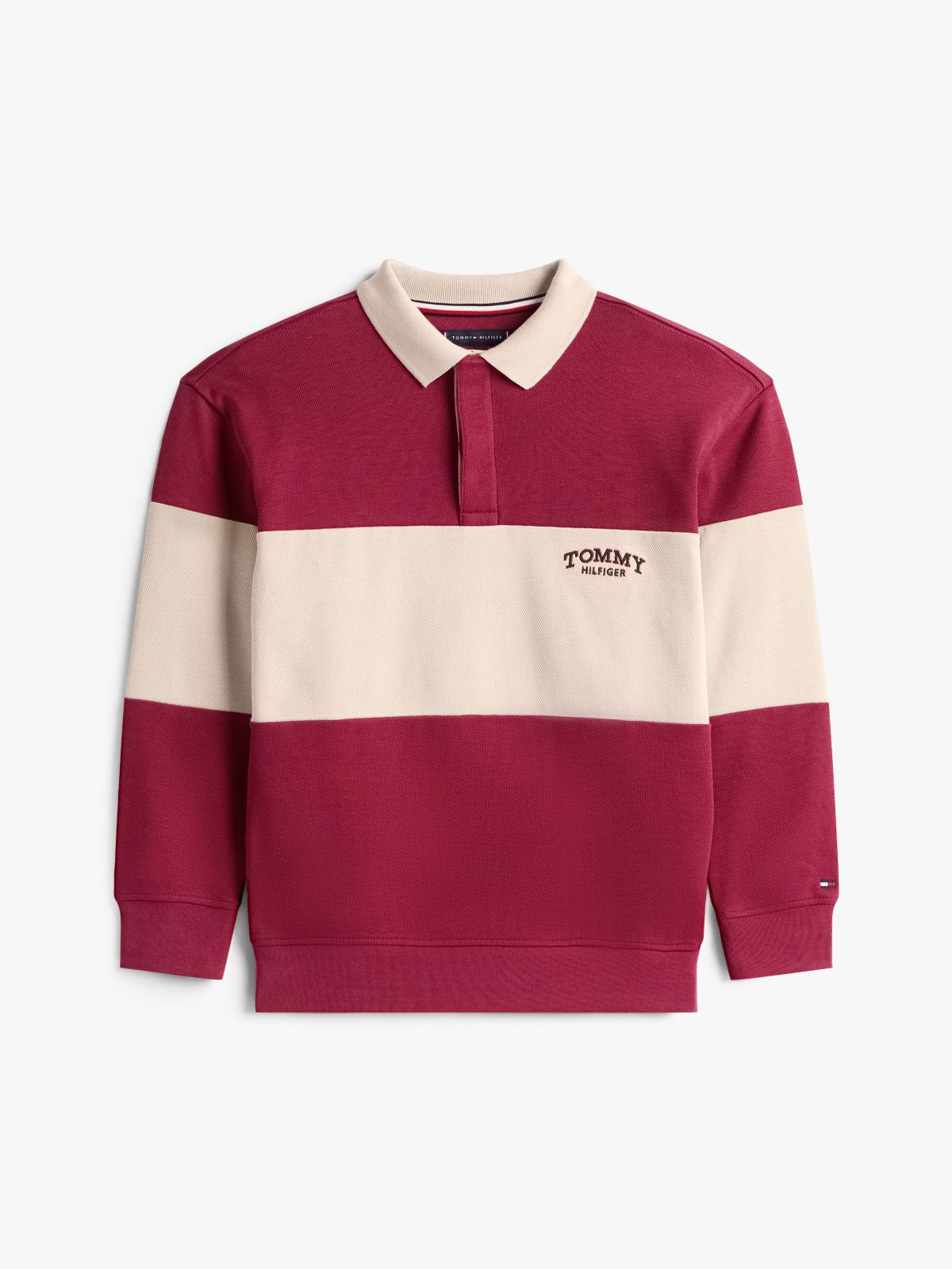 Colour-Blocked Long Sleeve Polo Shirt — Beige