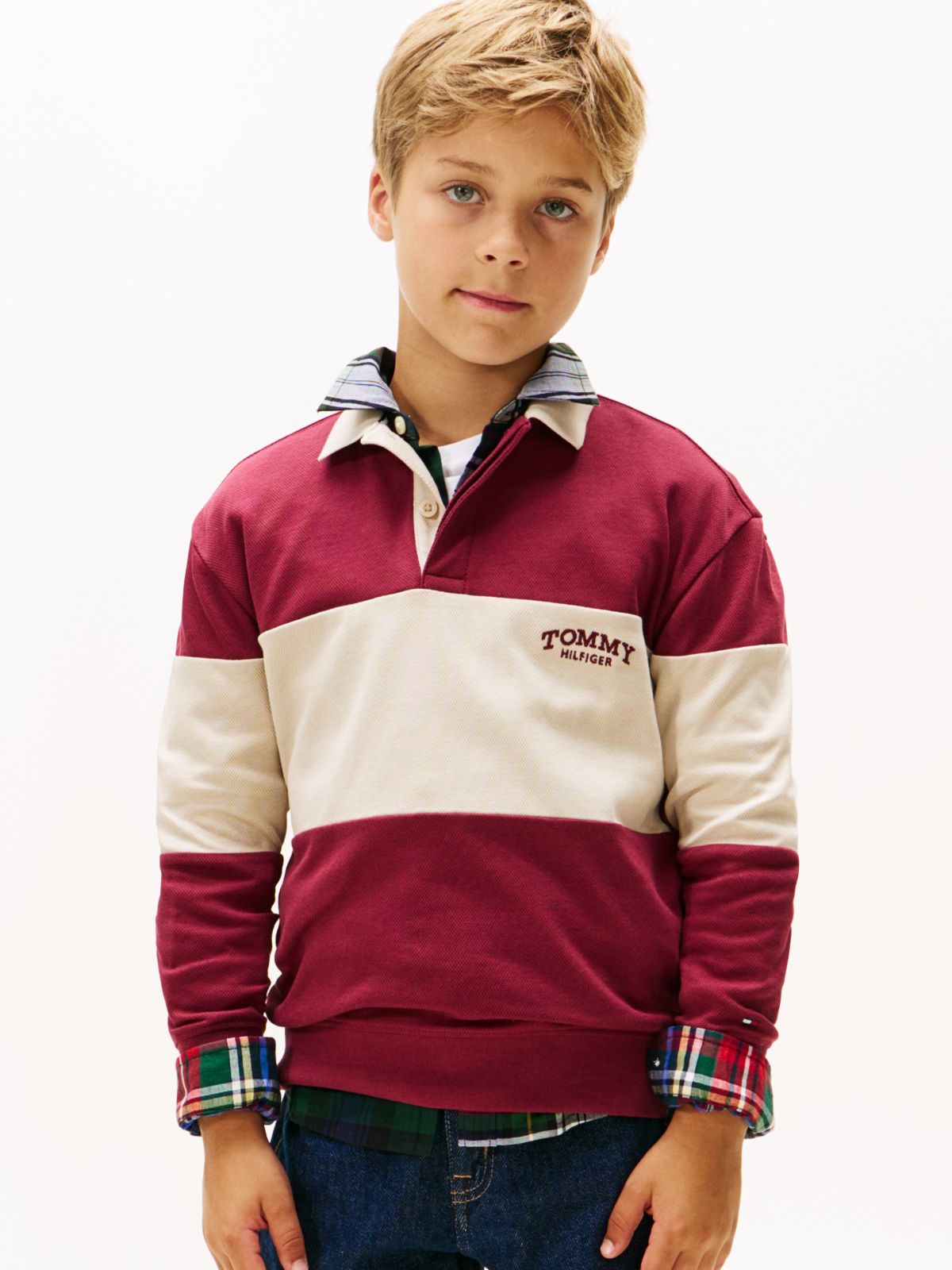 Colour-Blocked Long Sleeve Polo Shirt — Beige
