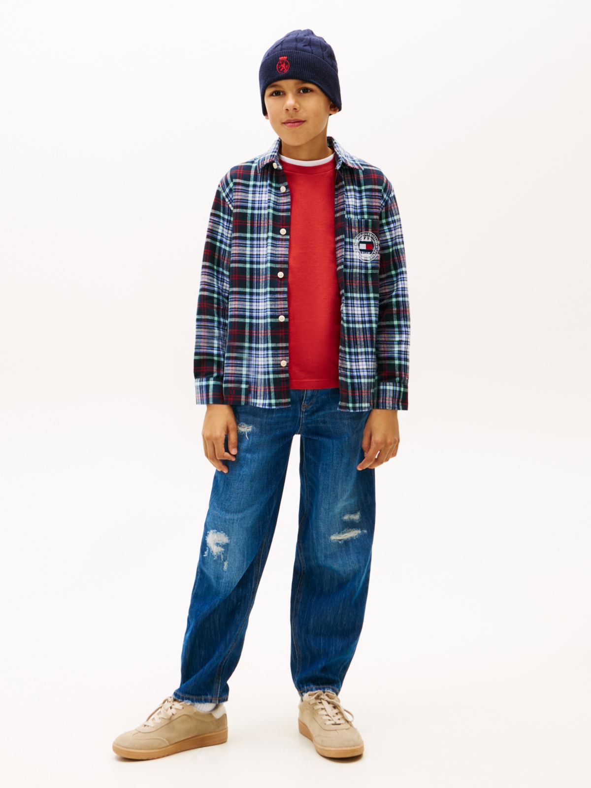 Regular Fit Logo Embroidery Check Shirt — Blue