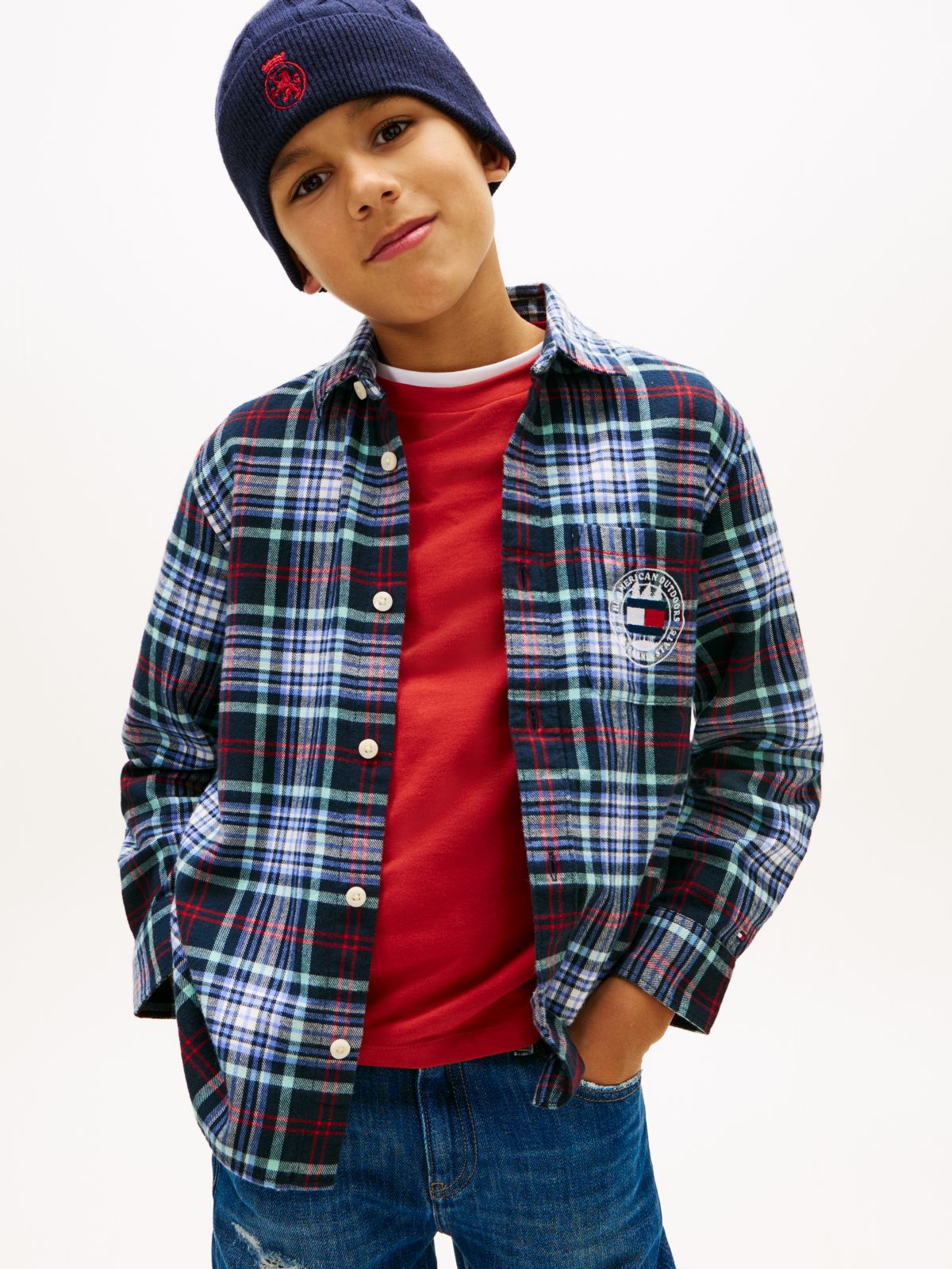 Regular Fit Logo Embroidery Check Shirt — Blue