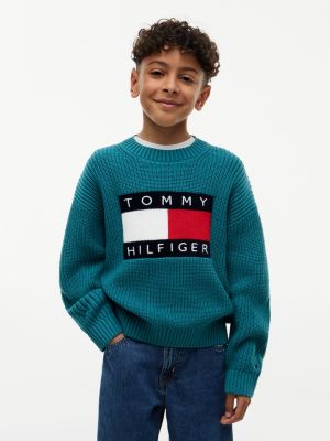 green heritage chunky knit flag logo jumper for boys tommy hilfiger