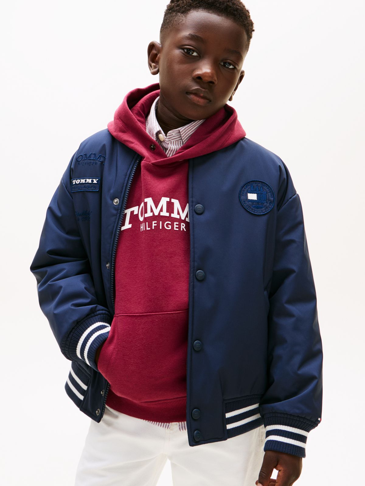 Back Logo Relaxed Padded Bomber Jacket — Blue