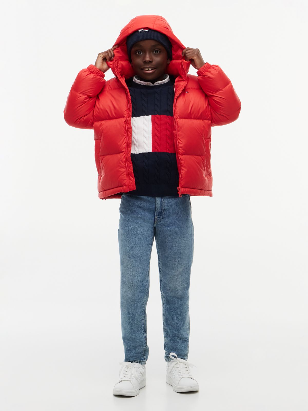 Essential Down Hooded Jacket — Red