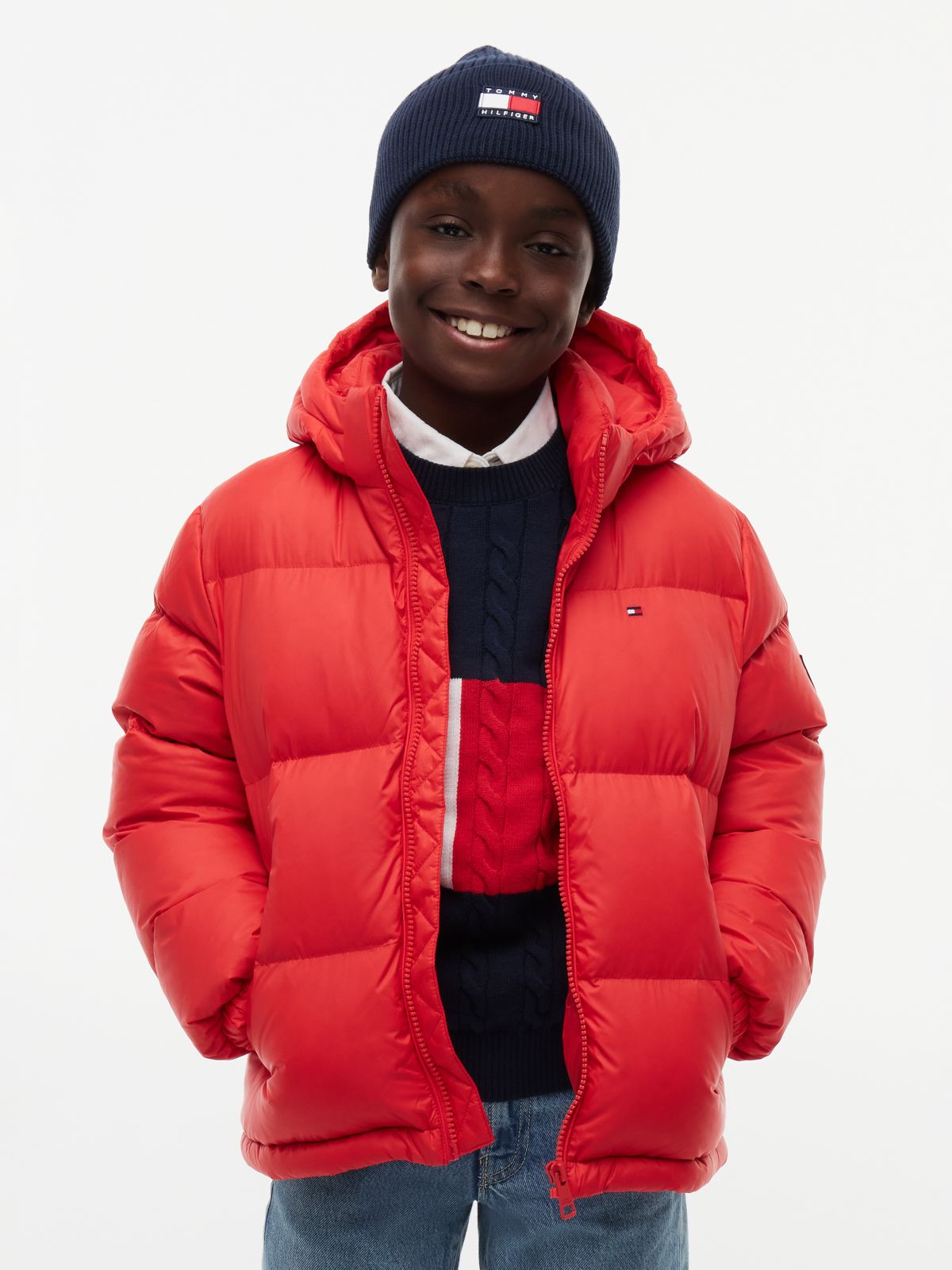 Essential Down Hooded Jacket — Red