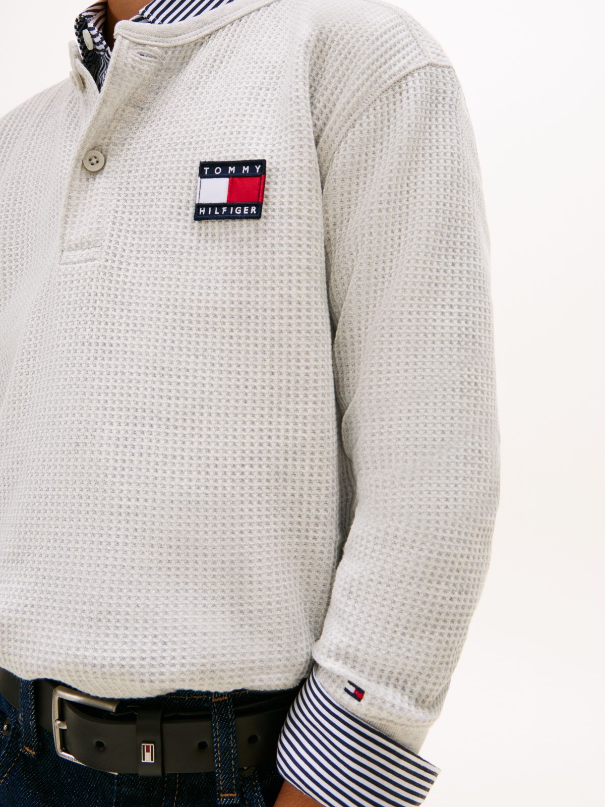 Waffle Knit Henley Long Sleeve T-Shirt — Grey