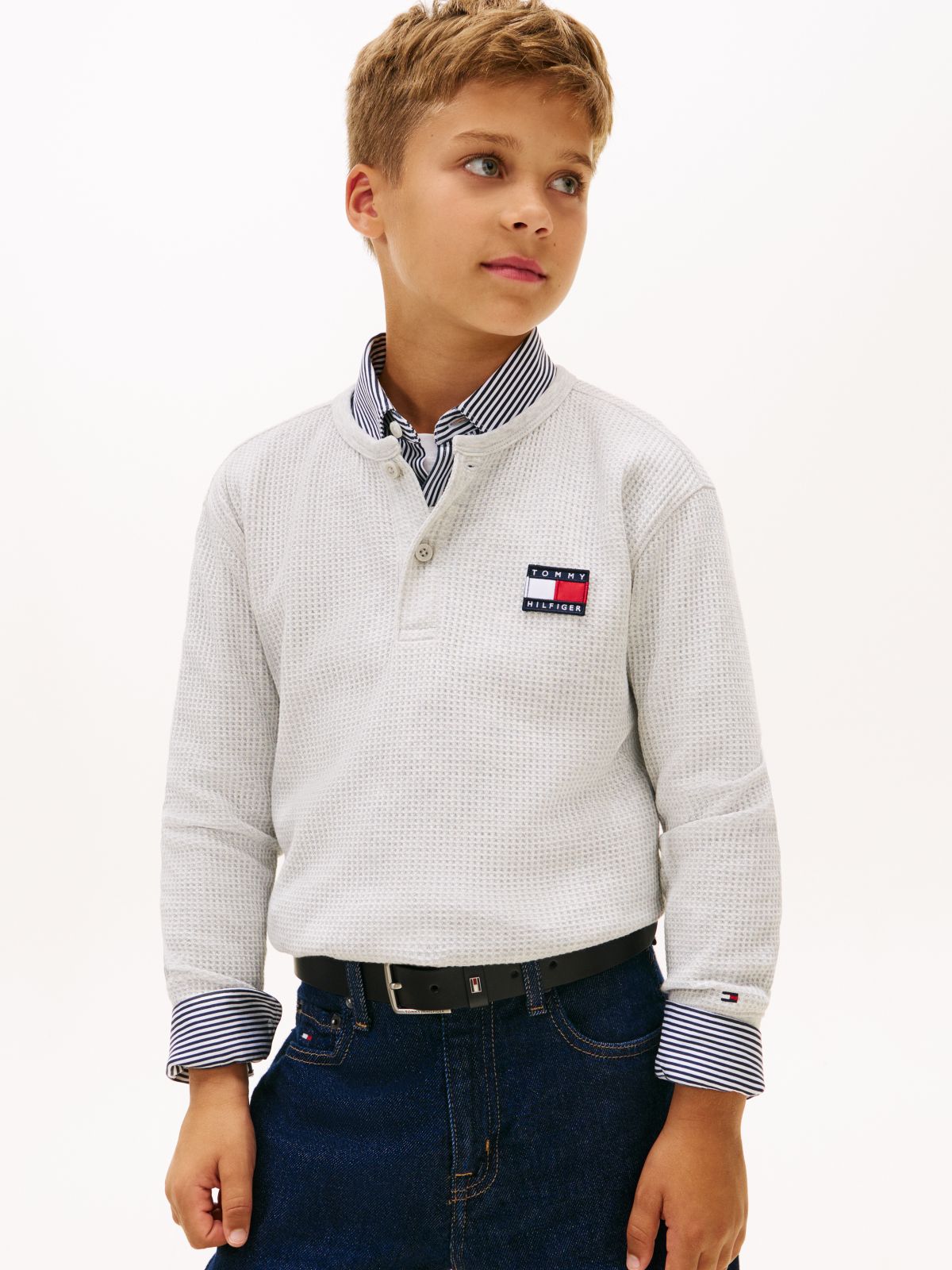Waffle Knit Henley Long Sleeve T-Shirt — Grey