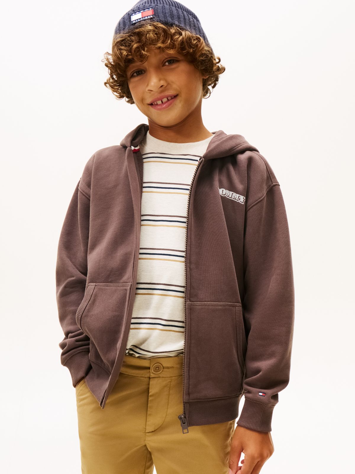 Textured Back Logo Zip-Thru Hoody — Brown