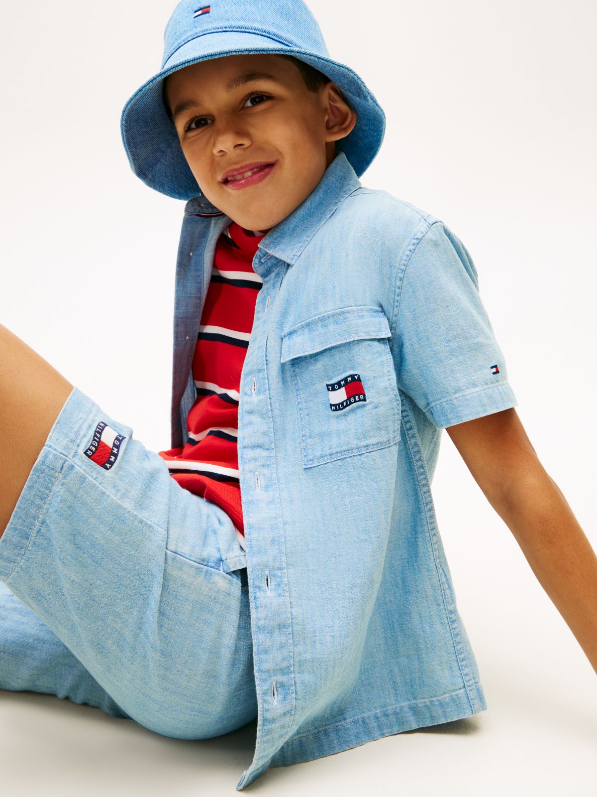 Wavy Flag Short Sleeve Denim Shirt — Blue