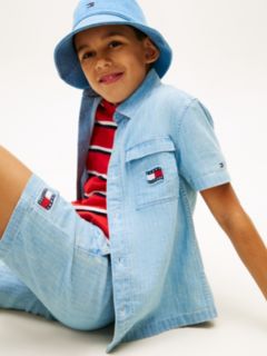 Wavy Flag Short Sleeve Denim Shirt — Blue 2