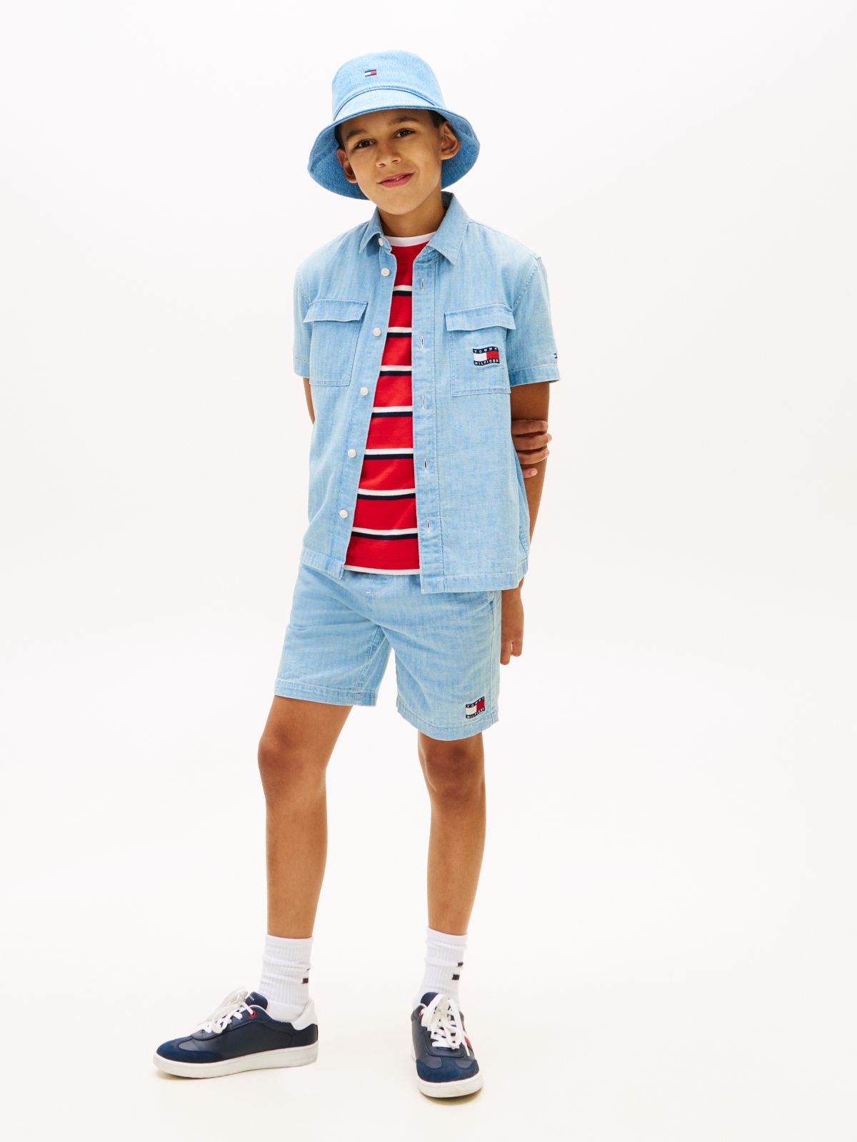 Wavy Flag Short Sleeve Denim Shirt — Blue
